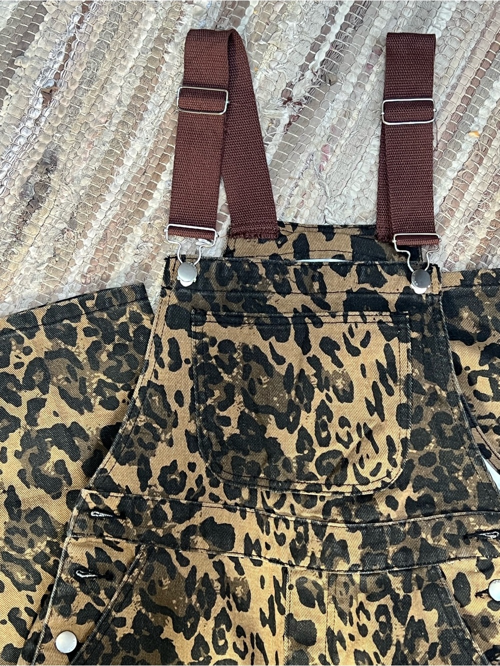 Cider Leopard Print Overalls with Brown Straps